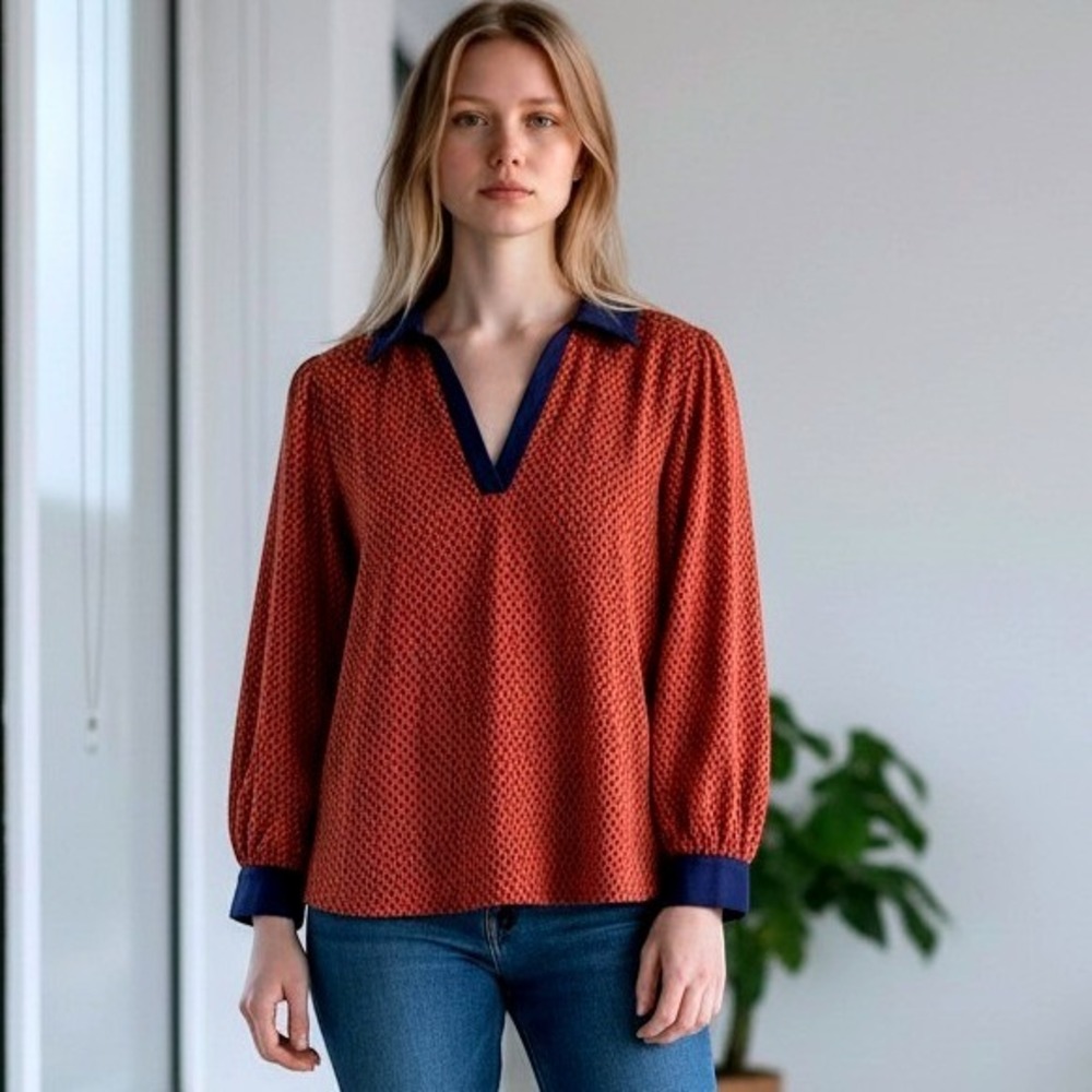 VOY V-Neck Blouse Womens Medium Orange Navy Chevron Zig Zag Long Sleeve Top